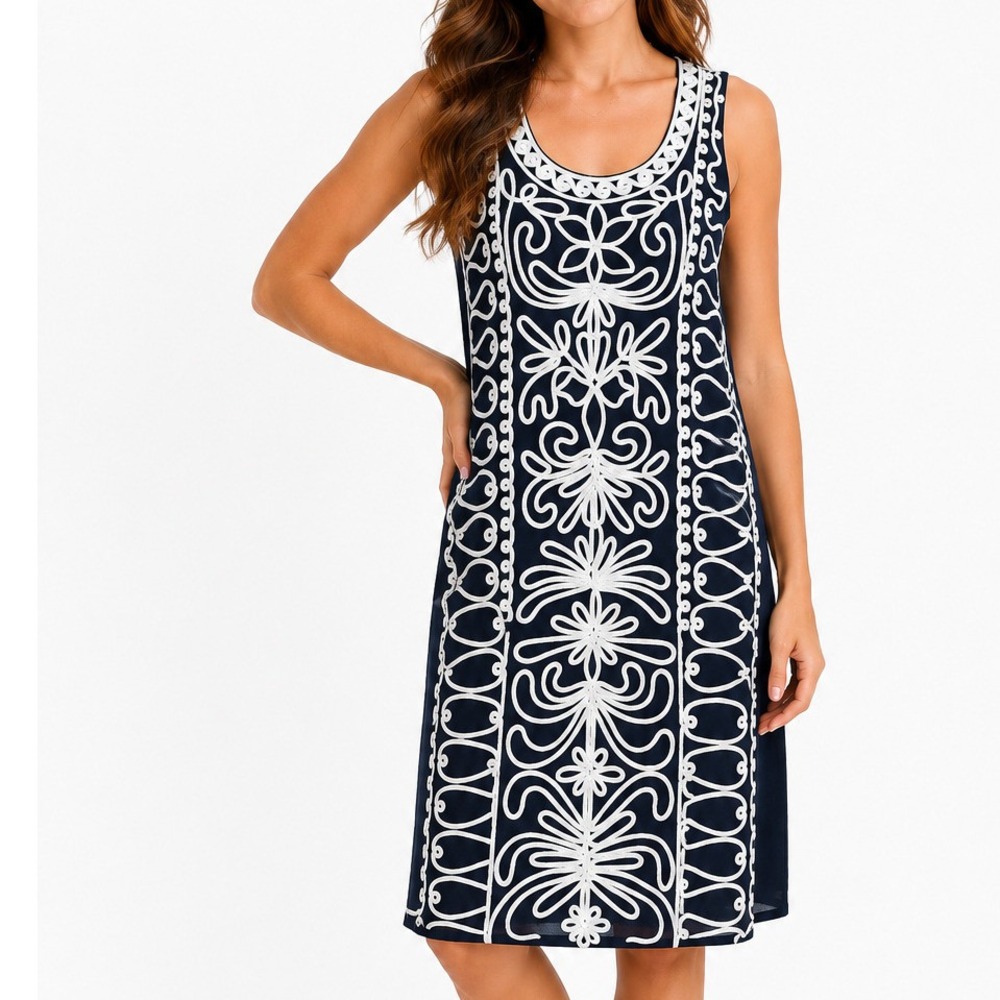 T&W Designs‎ Womens Dress M Black White Embroidered Sleeveless Boho Shirt